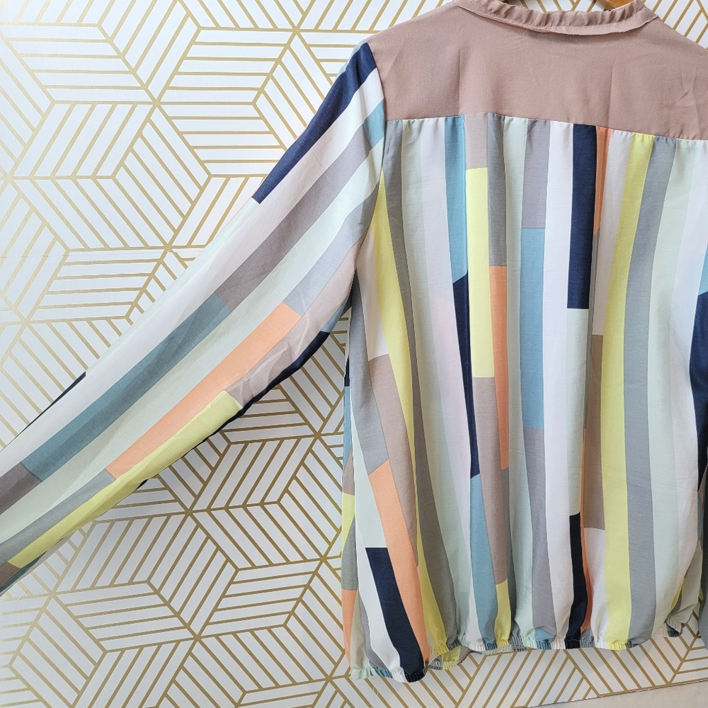 NIFE Stripe Colorblock Surplice Faux Wrap Blouse Top - Picture 3 of 9